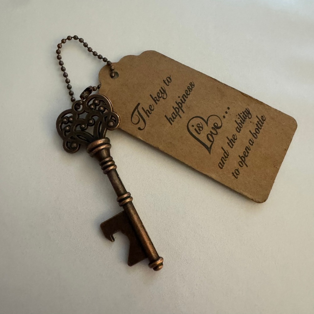 Key To Happiness Bottle Opener Favor Tag Wedding Bronze Party Decor